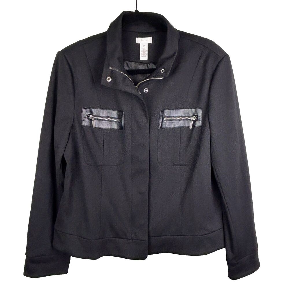Chico's Classic Black Full Zip Jacket w Leather Trim Minimalist Blazer sz 2 12